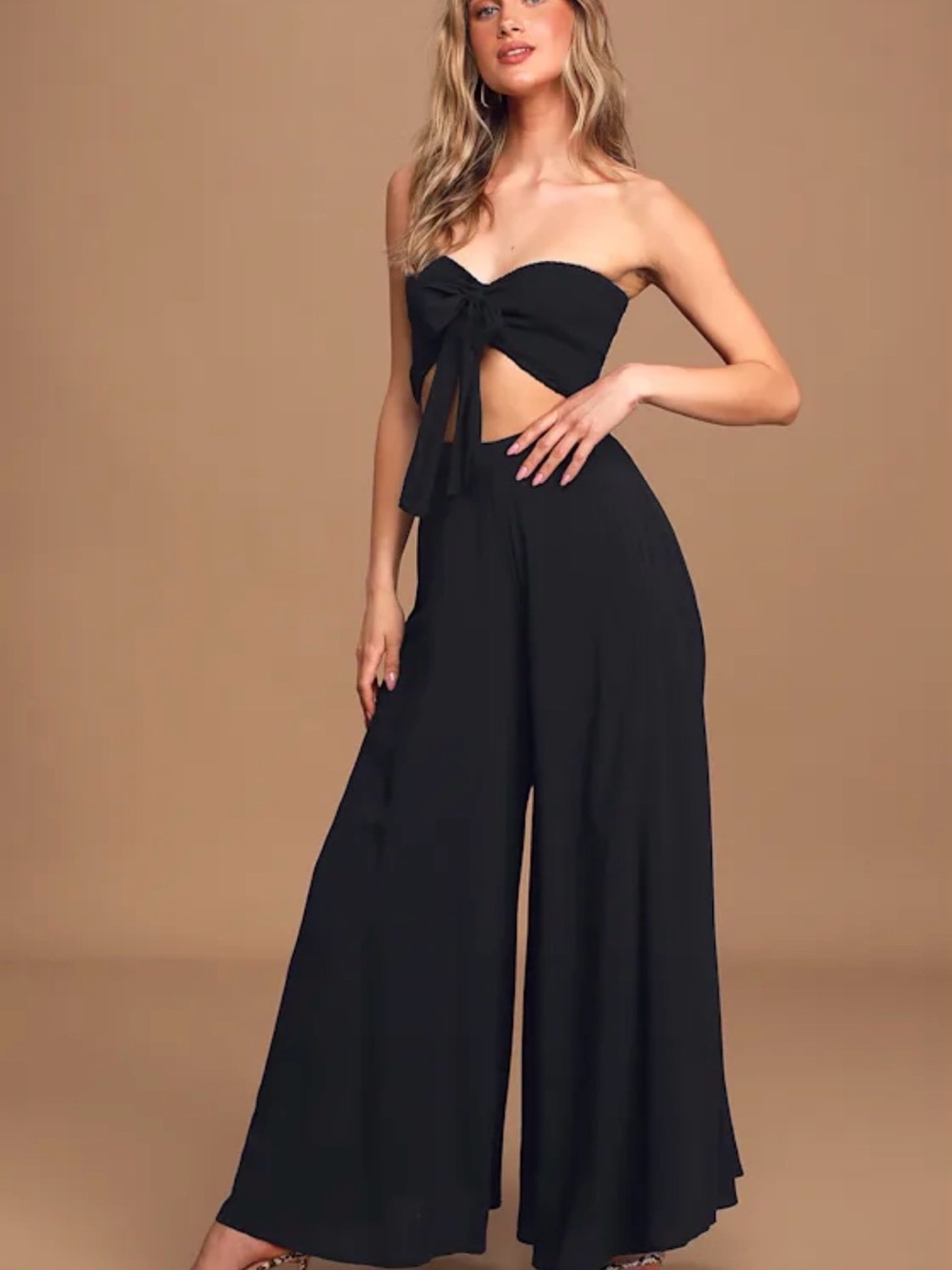 Lulu's Seaside to Shore Black Strapless Tie-Front Wide-Leg Two-Piece Jumpsuit